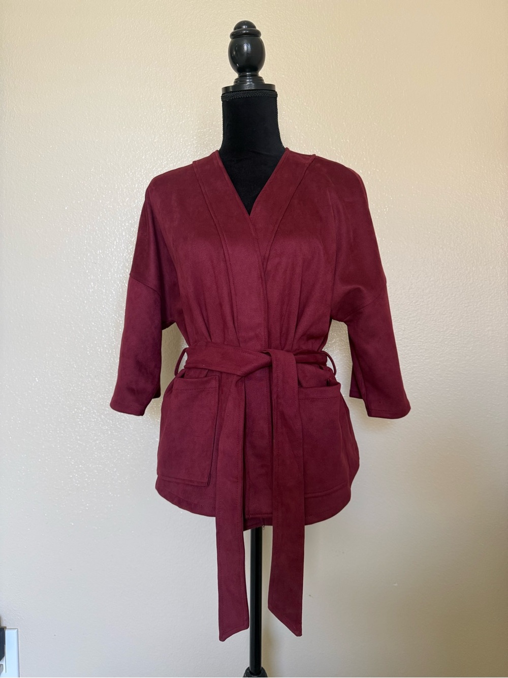 Classic Concepts Burgundy Faux Suede Belted Jacket Cardigan Medium - Picture 2 of 11